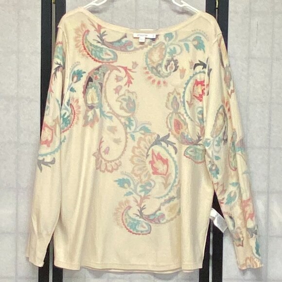 Chico’s Rust Green XL Knit Sweater Tee Long Sleeve Paisley Bateau Neck Pull Over - Picture 7 of 14